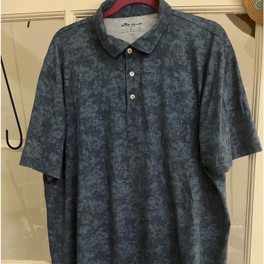 Peter Millar Seaside Short Sleeve Blue Floral Polo Shirt XL